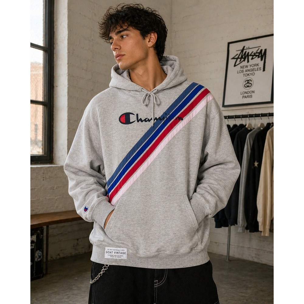 Champion Reworked Hoodie XL Oversized Stripe‎ Streetwear GOAT Vintage Grey